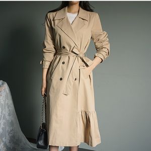 Spring Casual Double-breasted Enkel Classic Long Trench Coat Woman Fashion Syls Black Windbreaker QB572 210510
