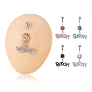 BITCH Letter Navel Piercing Crystal Belly Button Ring Barbell Stainless Steel Bar for Woman Dangling Sexy Body Jewelry