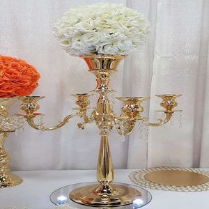 GOLDLEN pläterad kandelabra med blomma skål guld ljusstativhållare bröllop dekorationer lång 5 arm kristall orkane globe bröllop centerpieces candelrabras 665