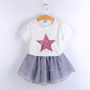Girls Sets Summer Moda Estilo Childrenclothes Sequina Estrelas T-shirt + Vestido 2 Pcs Crianças Roupas 210515
