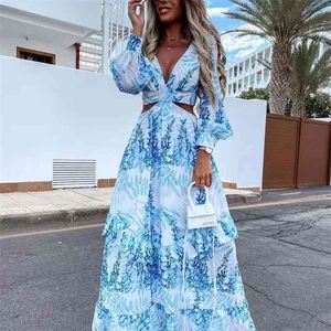 Abito lungo da spiaggia Sexy Scava fuori Boho Profondo scollo a V Abito estivo da donna Stampa Ruffle Party Manica lunga Abiti maxi Designer 210826