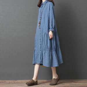 Johnature Autumn Korean Loose Fashionable Plaid Turn-down Collar Women Dress Simple Comfortable Long Sleeve Women Dress 210521