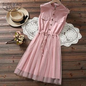 lace belt waist sleeveless women dresses summer two pieces of mesh pink blue elegant vestidos knee dress 3518 50 210510
