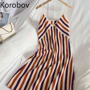 Korobov Verão Novas Mulheres Malha Vestido Vintage Strip Spaghetti Strap Vestidos Coreano Hit Color Patchwork Vestidos Femme 210430