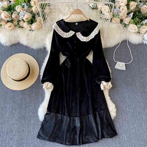女性のファッションレトロなベルベットの黒いドレス甘いレースビッグラペルスリムフリル長袖エレガントなVestidos R030 210527