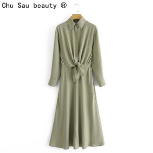 Moda Basit Sonbahar Kış Kadın Gri-Yeşil Dantel-Up Uzun Kollu Şifon Gömlek Rahat Uzun Midi Elbise 210508