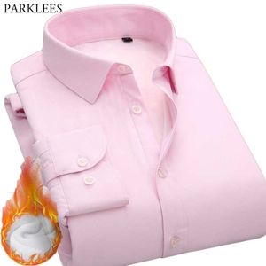 Winter Warm Mens Dress Shirts Pink Striped Fleece Padded Shirt Men Long Sleeve Business Casual Office Wear Shirt Male 210522