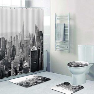 Perde Perdeler Siyah Beyaz Şehir Geceleri Işıkları Banyo Duş Perdeleri Set Su Geçirmez Tuvalet Kapağı Mat Kaymaz Banyo Halı