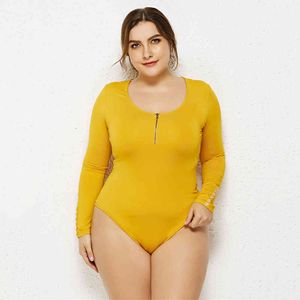 Plus size 6xl manga comprida zíper o pescoço sexy bodysuits baixo corte emenda elegante corpo mulheres macacão 10 estilo elástico outono inverno 210507