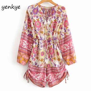 Multicolor Floral Print Kombinezon Krótkie Kobiety O Neck Z Długim Rękawem Sznurek Casual Summer Beach Combinaison Femme 210514