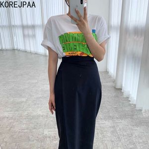 Korejpaaの女性は夏の年齢の減少のラウンドネックの楽しい手紙プリントの半袖Tシャツハイウエストバッグヒップスカート210526