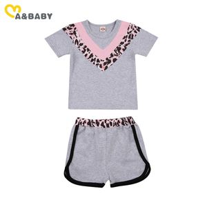 1-6Y Letni Dorywczo Toddler Kid Dziewczyny Ubrania Zestaw Leoaprd T Shirt Shorts Stroje Szare Dresy Kostiumy 210515