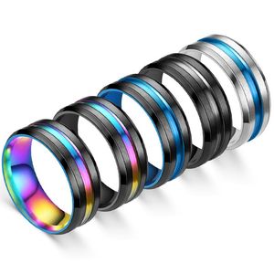 Obrączki ślubne Grawerowane 8mm Czarny Pierścionek Dla Mężczyzn Kobiety Groove Rainbow Titanium Stalowe Zespoły Modna Fratek Casual Męska Biżuteria