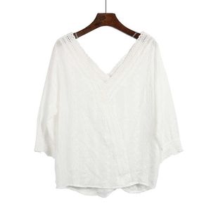 PERHAPS U Women White V Neck Backless 3/4 Sleeve Lace Loose Blouse B0171 210529