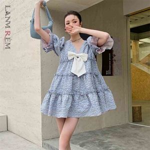 女性Vネックパフスリーブスウィートボウショートドレス大型ルーズフィットレディファッション夏2H140 210526