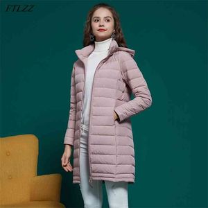 Invierno Mujer 90 White Duck Down Thin Desmontable Hat Jacket Medium Long One-piece Woven Light Coat 210430
