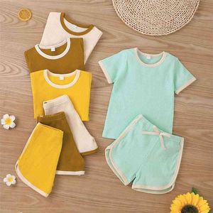 Sommer Kinder Sets Casual Kurzarm O Neck T-Shirt Bogen Gelb Shorts 2 stücke Mädchen Jungen Kleidung 18M-6T 210629