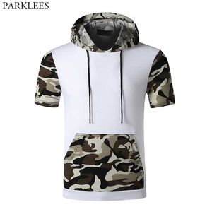 Hip Hop Kamuflaj Patchwork Hoodie T-Shirt Erkekler Kısa Kollu Slim Fit Erkek Hoodies T Shirt Rahat Harajuku Streetwear Tops Tee 210522