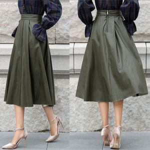 Spring Minimalist Women Army Green Skirts Plissee Leather Rock High Waist A Line Knees Length Skirt QZ03706 210510