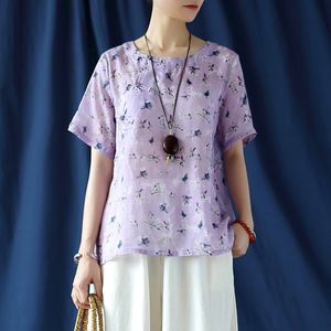 Johnature Women Chinese Style Shirts Ramie Print Floral Button Blusar Sommar O-Neck Kortärmad Vintage Kvinna SHIRTS 210521