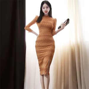 yellow Sexy korea Ladies fall winter Long Sleeve Lace formal Party Dresses for women clothing 210602