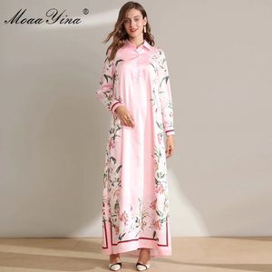 Mode Designer Runway Klänning Höst Vinter Kvinnors Klänning Långärmad Lily Floral-Print Loose Robe Maxi Klänningar 210524