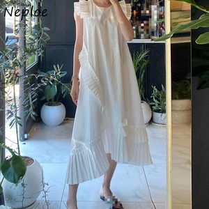 Neploe babes vestido plissado mulheres coreano chique o pescoço manga borboleta vestidos irregulares verão 2021 Sólido vestidos 210320