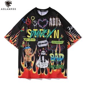 AolamegsメンズTシャツ漫画落書きプリント居心地の良い原宿ヒップホップスタイル半袖愛好家ハイストリートカジュアルサマーストリートウェア210716