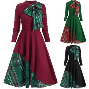 Casual Dresses 2021 Christmas For Women Xmas Autumn Plaid Bow Party Dress Patchword Vintage Merry