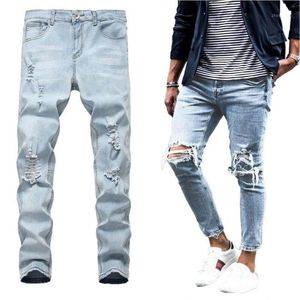 Mäns Jeans Mens Skinny Slim Fit Ripped Casual Stretch Biker Distressed Trousers Denim Pants Street Wear