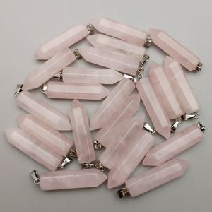 Pingente de cristal hexagonal pêndulo de cura pingentes pedra rosa quartzo rosa colares faça você mesmo joias moda banhado a prata