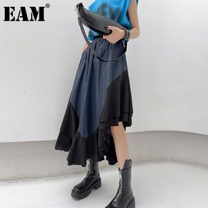 [EAM]ブルーカジュアル不規則スプライスポケットハイエラスティックウエスト半体スカート女性ファッション春夏1DD8792 210512