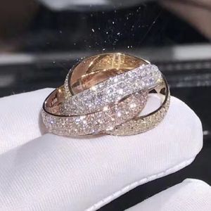Círculos triplos ouro/ouro rosa/prata dedo anelar três cores joias de luxo 925 prata pavimentar anéis de diamante simulados para presente de casamento feminino