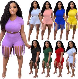 Verão Plus Size Mulheres Roupas Tracksuits Manga Curta T-shirt + Borla Calças Casuais Cor Sólida 2 Piece Sets Adorável Sports Fitness Running S-XXXXXL