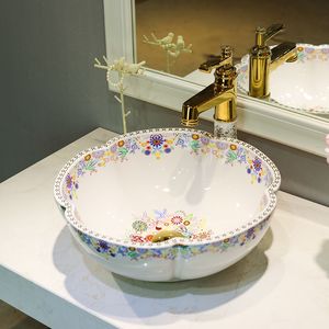 Blumen-weiße Porzellan-Badezimmer-Waschtische, chinesische Art-Arbeitsplatte, Handwaschbecken aus Keramik, Badezimmer-Waschbecken