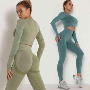 Women Sport Suit Yoga Clothing Set Workout Gym Long Sleeve Fitness Crop Top + High Waist Seamless Energy Leggins 210813