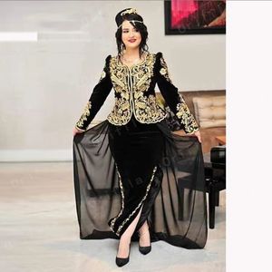 Algierskie stroje Karakou Prom Dresses 2021 Czarny Złoty Z Długim Rękawem Peplum Kosowo Albanina Koronka Aplikacja Suknia wieczorowa Vestidos de