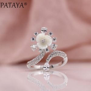 Pataya skal pärlor ring kvinnor mode blomma ädel fin smycken sant vit guld vatten droppe naturlig zircon upp öppna ringar