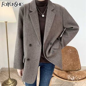 FORYUNSHE Stripe Woolen Blazer Ladies Warm Thick Solid Casual Loose Business Jacket Coat Autumn Winter England Style 211118