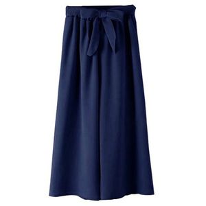 Women Wide Trousers Chiffon Bowknot Loose Cropped Casual Ladies Solid Color Vintage High Waist Leg Long Pants 210915