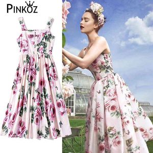 Moda Rose Flower Print Plised Slim High Sundress Fluffy Party Dresses Casual Wakacje Kobieta Lady Szata Ropa Mujer 210421