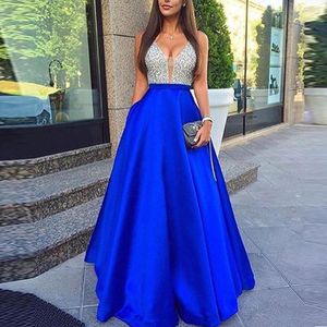 Freizeitkleider Damen Pailletten Langes Spleiß Hochzeitsfestkleid Ärmellos V-Ausschnitt Blau A-Linie Elegant Chiffon Brautjungfer Abendessen