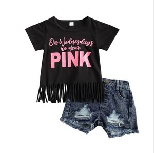 Sommar Toddler Kid Kläder Satser Baby Girl Brev Black Toppar Tessel T-shirt + Jeans Ripped Shorts Pants Outfits 2021 1-6Y Kläder Set Barnens boutique