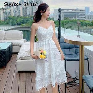 Summer White Solid Beading Dress Woman Spaghetti Strap Sleeveless V-neck Boho Mid Female Vacation Party Bodycon 210603