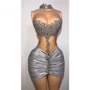 Sexy Sparkly 2022 Mermaid Short Prom Dress Crystal Beaded silver evening Dresses Illusion African Party Vestidos De Noche