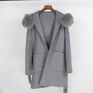OFTBUYの本物の毛皮のコート冬のジャケットの女性の緩い自然の毛皮の襟のカシミヤウイルウールのブレンドのアウターストリートウェア特大210910