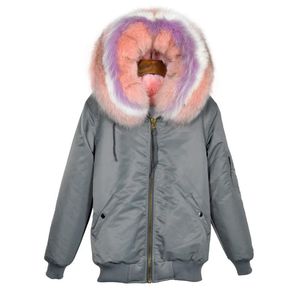 Women's Fur & Faux Grey Bomber Jacket For Women Lined Coat With Beautiful And Lovely Pink Collar
