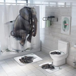 シャワーカーテン象の動物のカーテン3 d防水浴室の台座敷物のふたのトイレカバー滑り止め風呂マットセット家の装飾