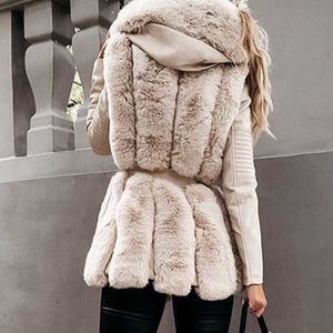 冬の暖かいウサギの毛皮のパッチワークのコート女性のファッションフード付きジャケット女性エレガントなネクタイベルトレザーファーコート女性女性Y0829