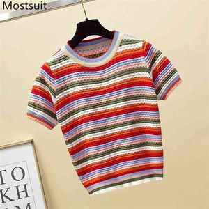 Regenbogen gestreiftes gestricktes T-Shirt Frauen Sommer Kurzarm Oansatz Pullover Tops Mode Süße weibliche T-Shirt T-Shirts 210513